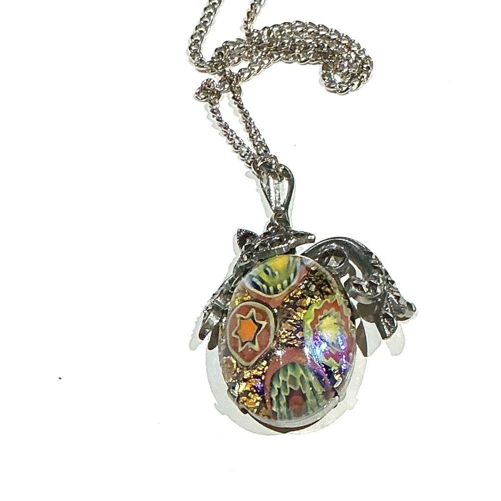 Vintage Silver Tone Pendant Necklace with Colorful Mosaic Design